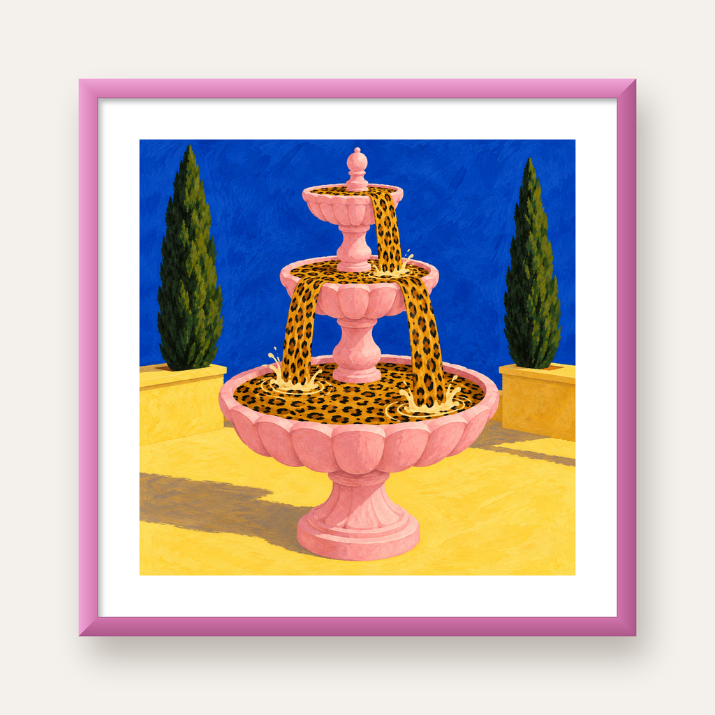 Leopar Desenli Çeşme Canlı İllüstrasyon Poster — pembe çerçeveli paspartulu