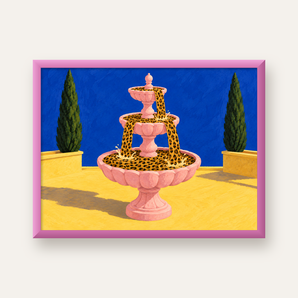 Leopar Desenli Çeşme Canlı İllüstrasyon Poster — pembe çerçeveli