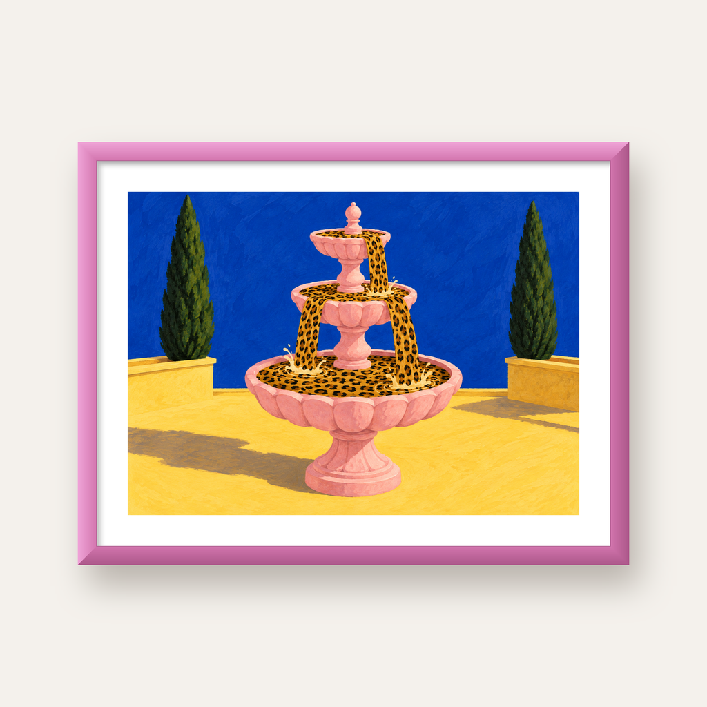 Leopar Desenli Çeşme Canlı İllüstrasyon Poster — pembe çerçeveli paspartulu