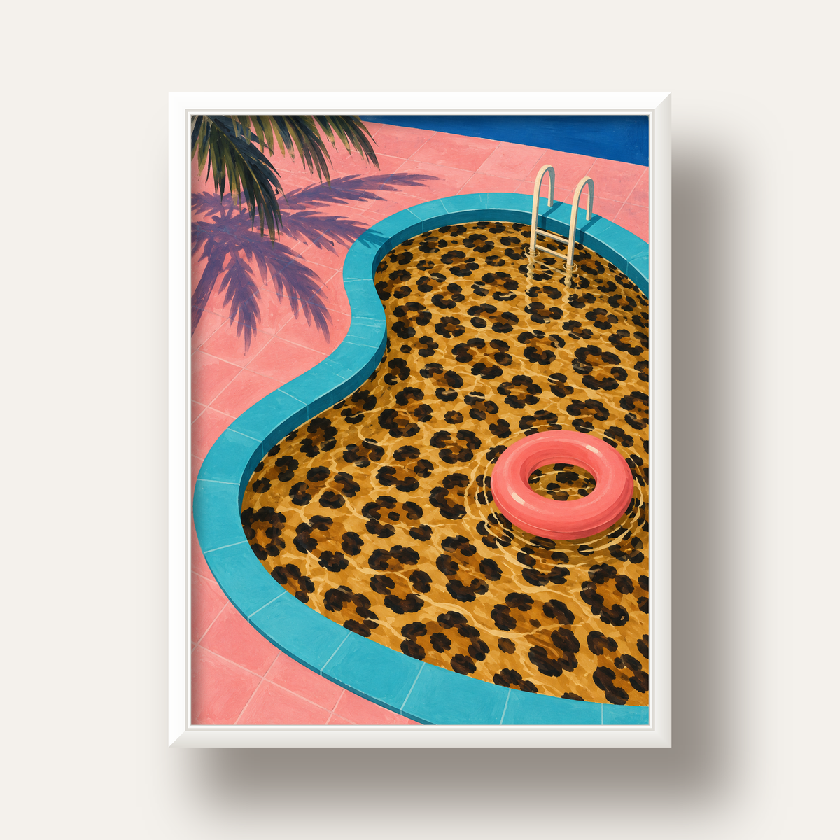 Leopar Desenli Havuz İllüstrasyonu Modern Poster — beyaz derin çerçeveli