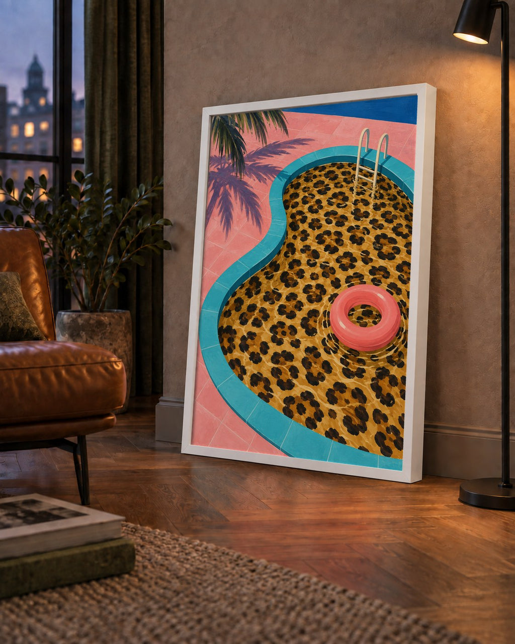 Leopar Desenli Havuz İllüstrasyonu Modern Poster — çerçeveli hâliyle bir ev duvarında