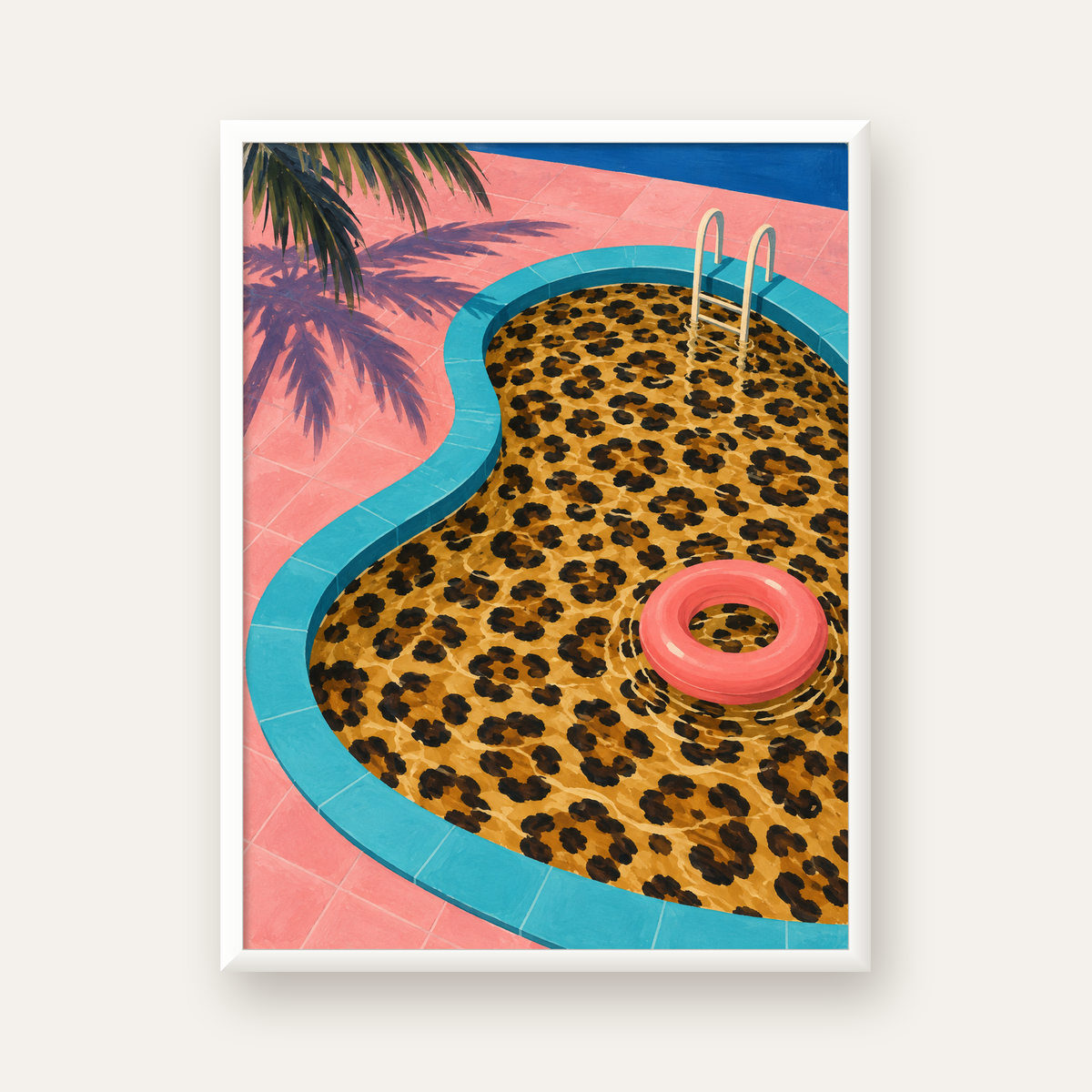Leopar Desenli Havuz İllüstrasyonu Modern Poster — beyaz çerçeveli dikey poster