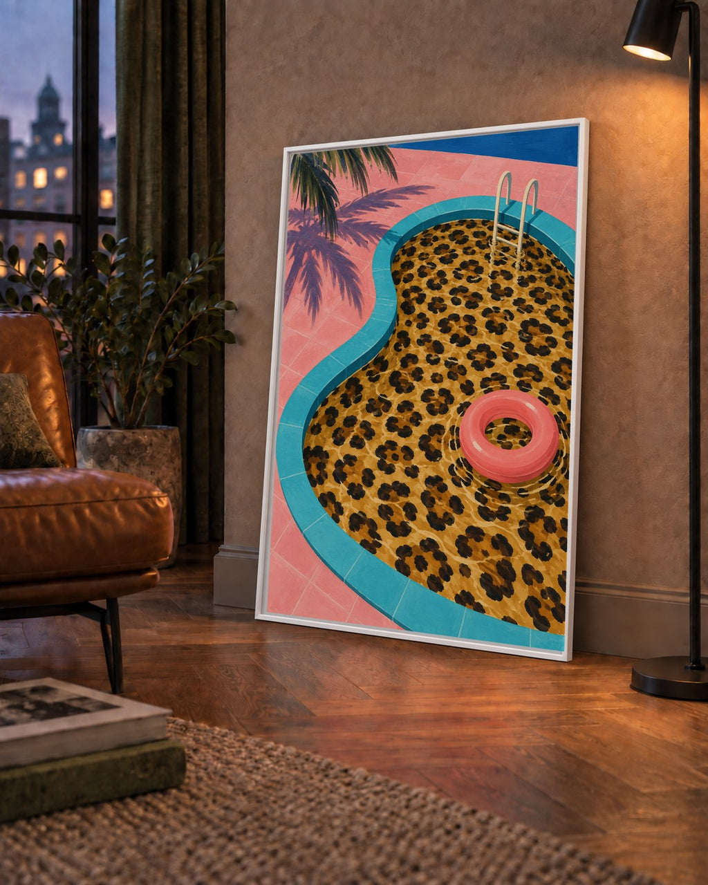 Leopar Desenli Havuz İllüstrasyonu Modern Poster — çerçeveli hâliyle bir ev duvarında