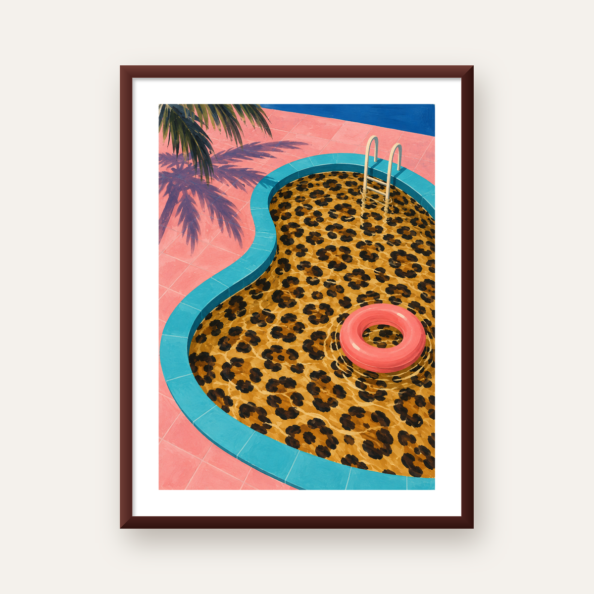 Leopar Desenli Havuz İllüstrasyonu Modern Poster — ceviz çerçeveli paspartulu