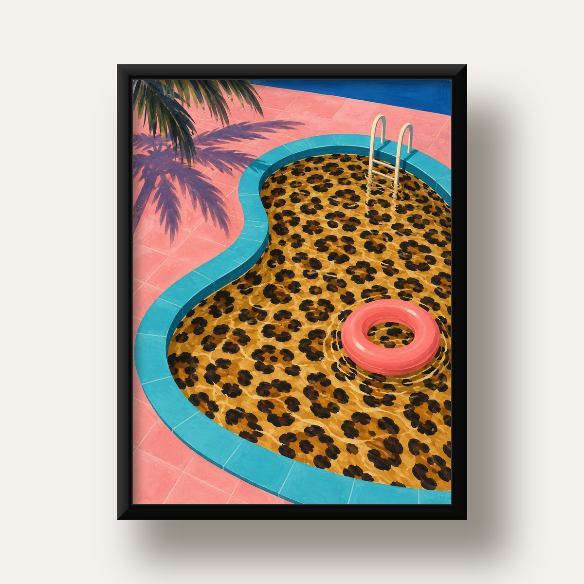 Leopar Desenli Havuz İllüstrasyonu Modern Poster — siyah derin çerçeveli