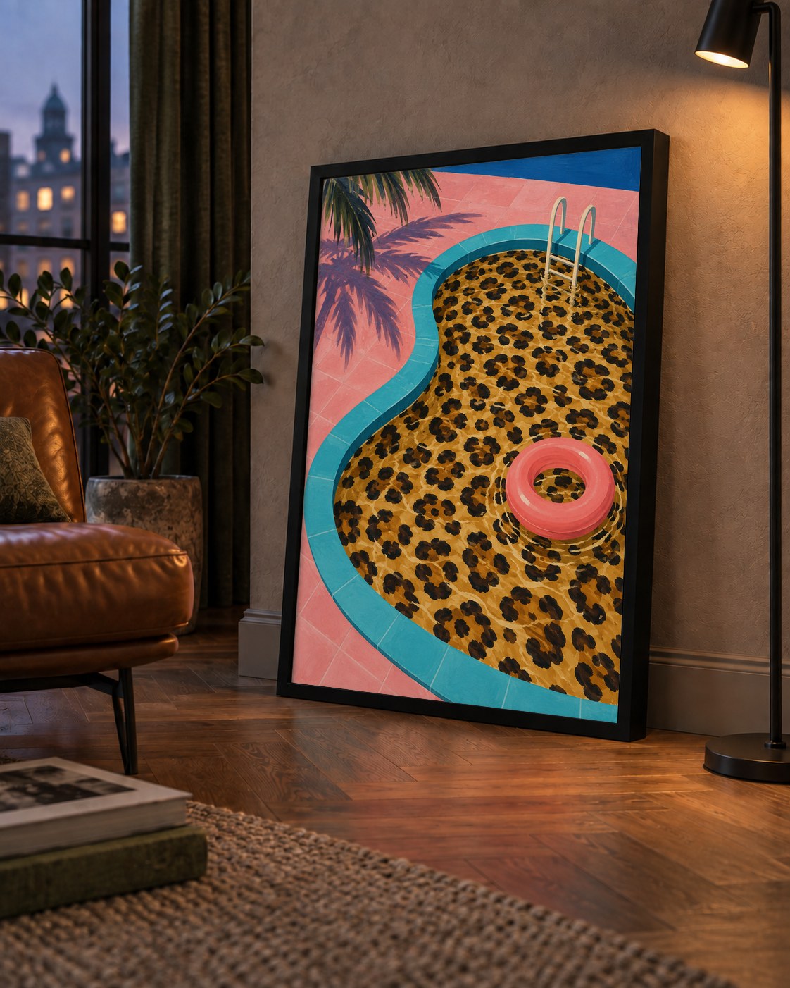 Leopar Desenli Havuz İllüstrasyonu Modern Poster — çerçeveli hâliyle bir ev duvarında