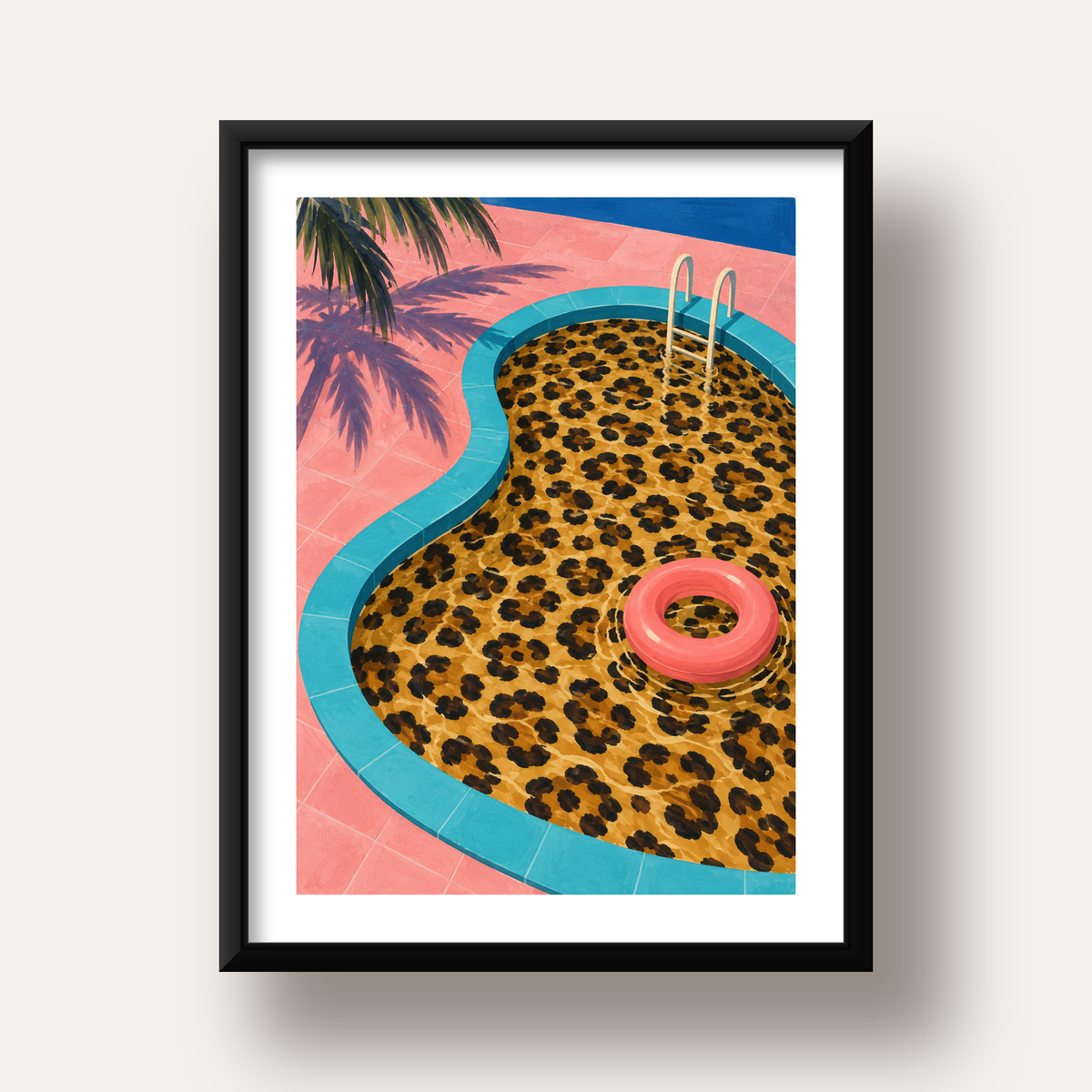 Leopar Desenli Havuz İllüstrasyonu Modern Poster — siyah derin çerçeveli paspartulu