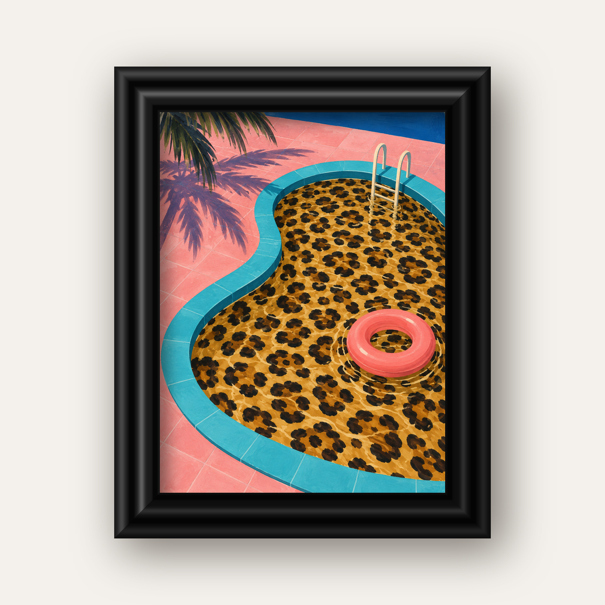 Leopar Desenli Havuz İllüstrasyonu Modern Poster — siyah galeri çerçeveli