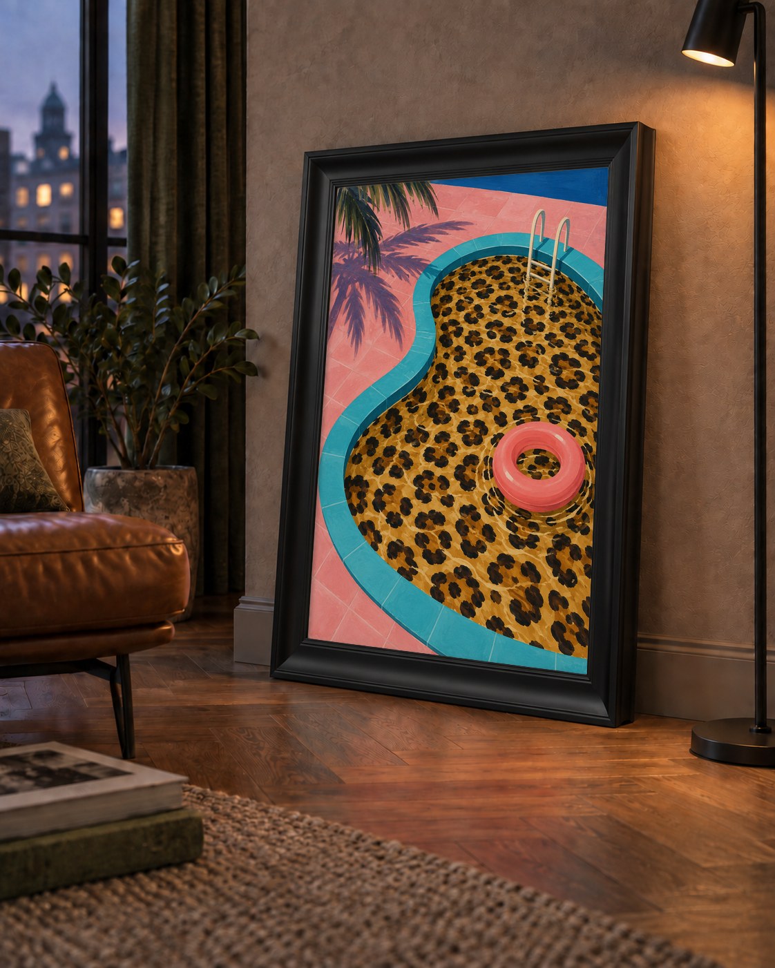 Leopar Desenli Havuz İllüstrasyonu Modern Poster — çerçeveli hâliyle bir ev duvarında