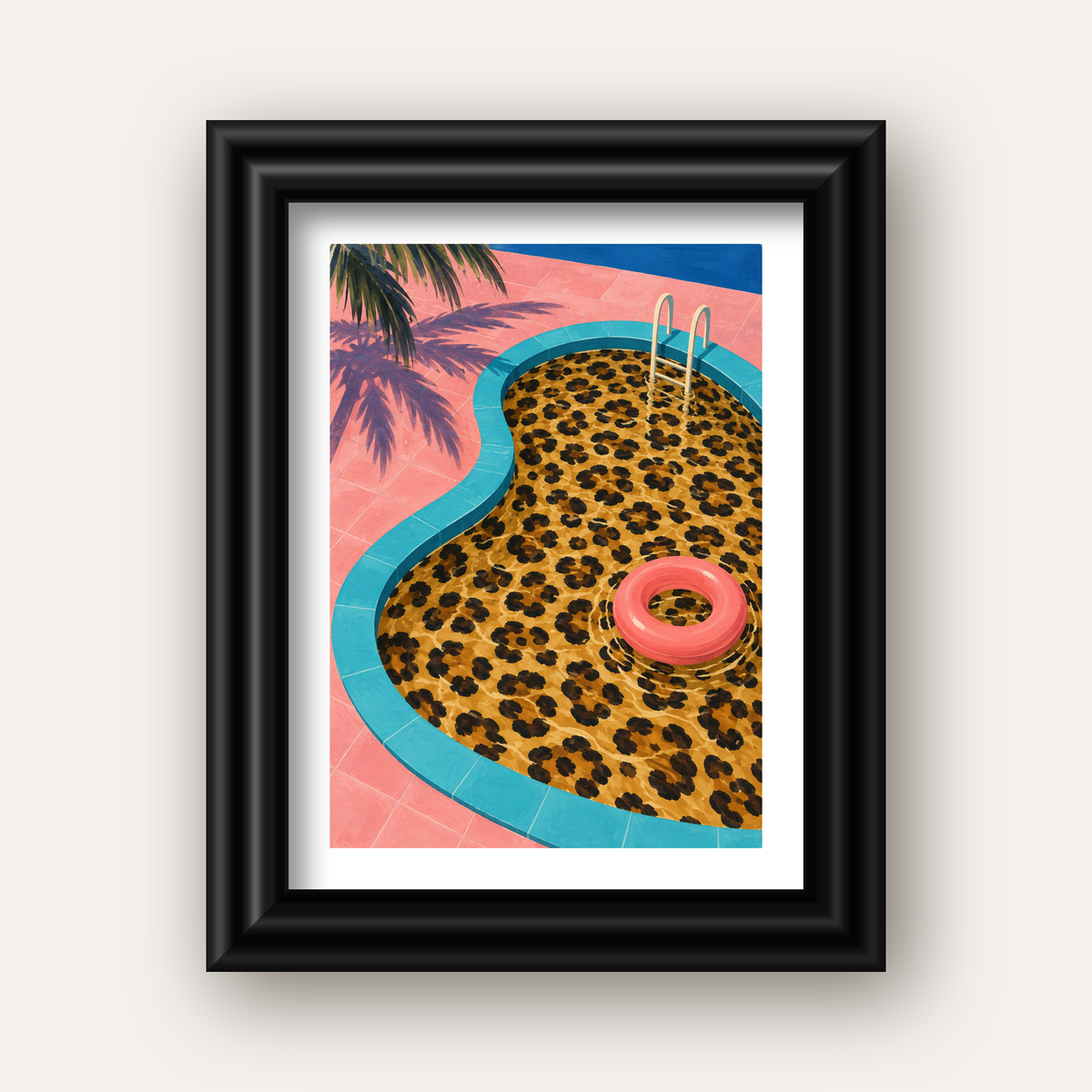 Leopar Desenli Havuz İllüstrasyonu Modern Poster — siyah galeri çerçeveli paspartulu