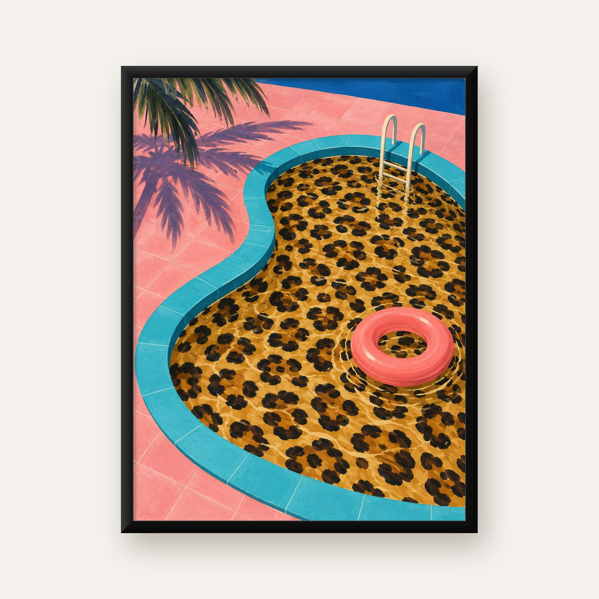 Leopar Desenli Havuz İllüstrasyonu Modern Poster — Dikey baskı, düz siyah çerçeveli duvar posteri