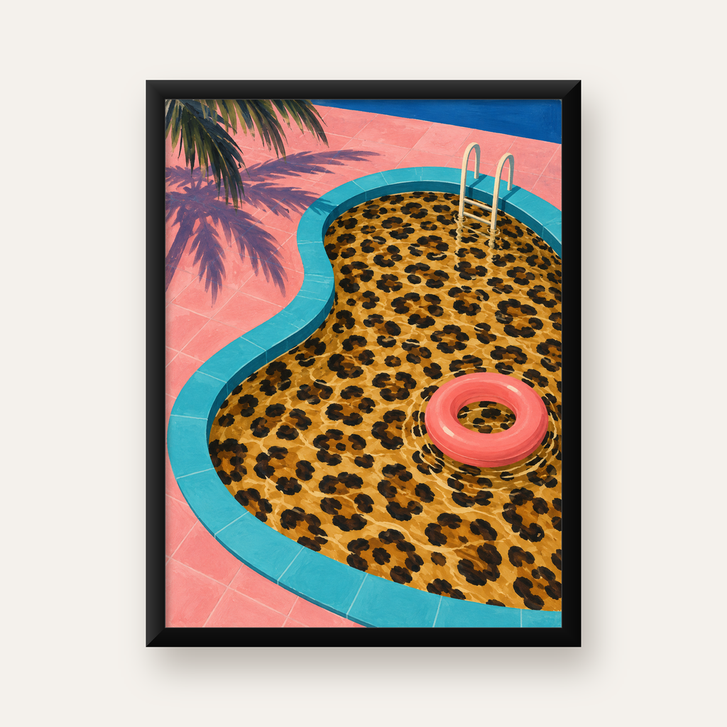 Leopar Desenli Havuz İllüstrasyonu Modern Poster — Dikey baskı, düz siyah çerçeveli duvar posteri
