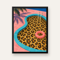 Leopar Desenli Havuz İllüstrasyonu Modern Poster — Dikey baskı, düz siyah çerçeveli duvar posteri
