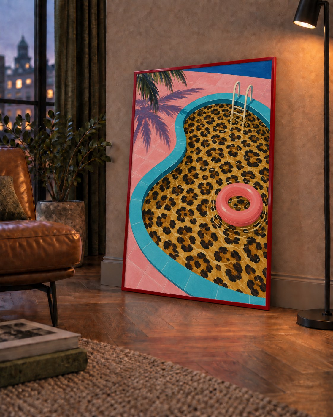 Leopar Desenli Havuz İllüstrasyonu Modern Poster — çerçeveli hâliyle bir ev duvarında
