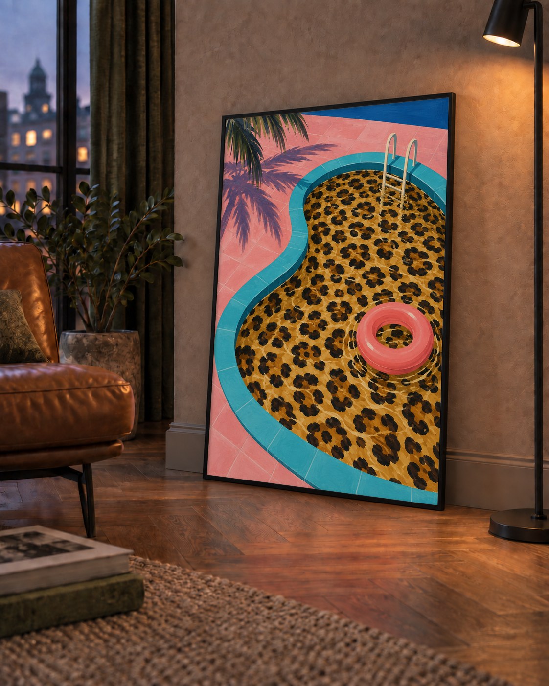 Leopar Desenli Havuz İllüstrasyonu Modern Poster — çerçeveli hâliyle bir ev duvarında