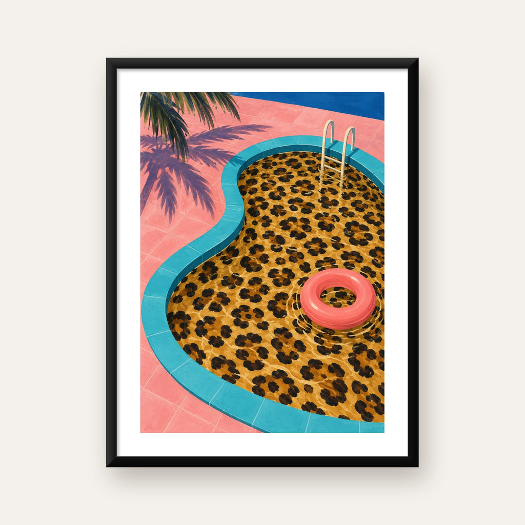 Leopar Desenli Havuz İllüstrasyonu Modern Poster — Dikey baskı, beyaz paspartulu