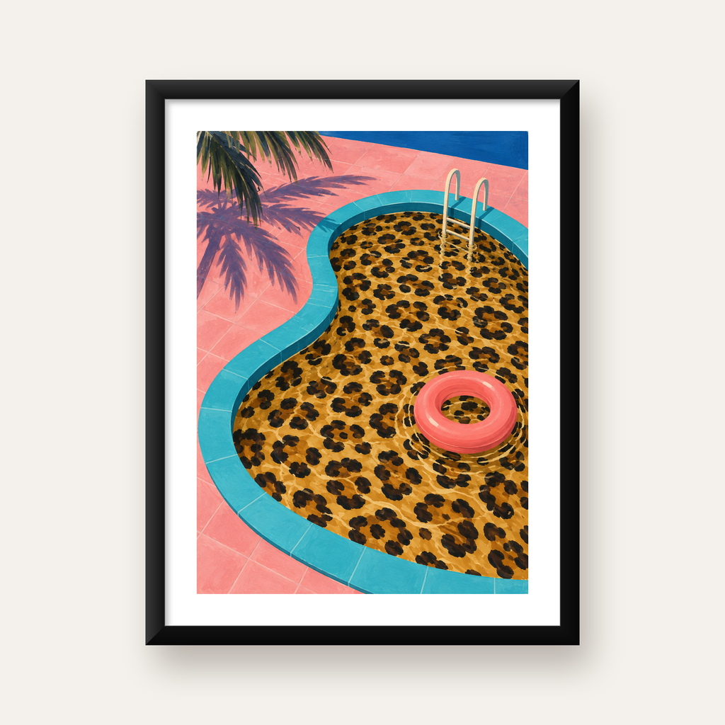 Leopar Desenli Havuz İllüstrasyonu Modern Poster — Dikey baskı, beyaz paspartulu