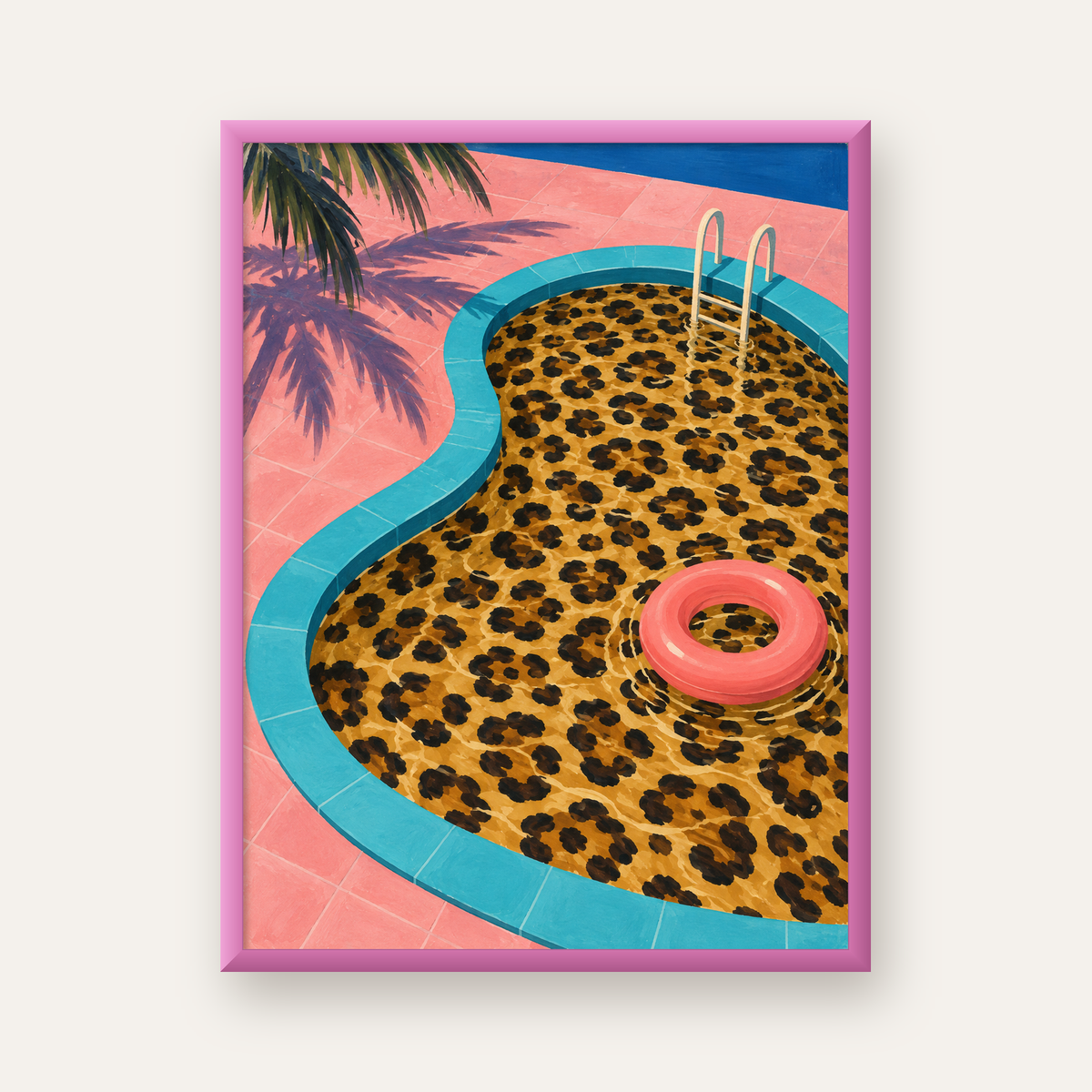 Leopar Desenli Havuz İllüstrasyonu Modern Poster — pembe çerçeveli