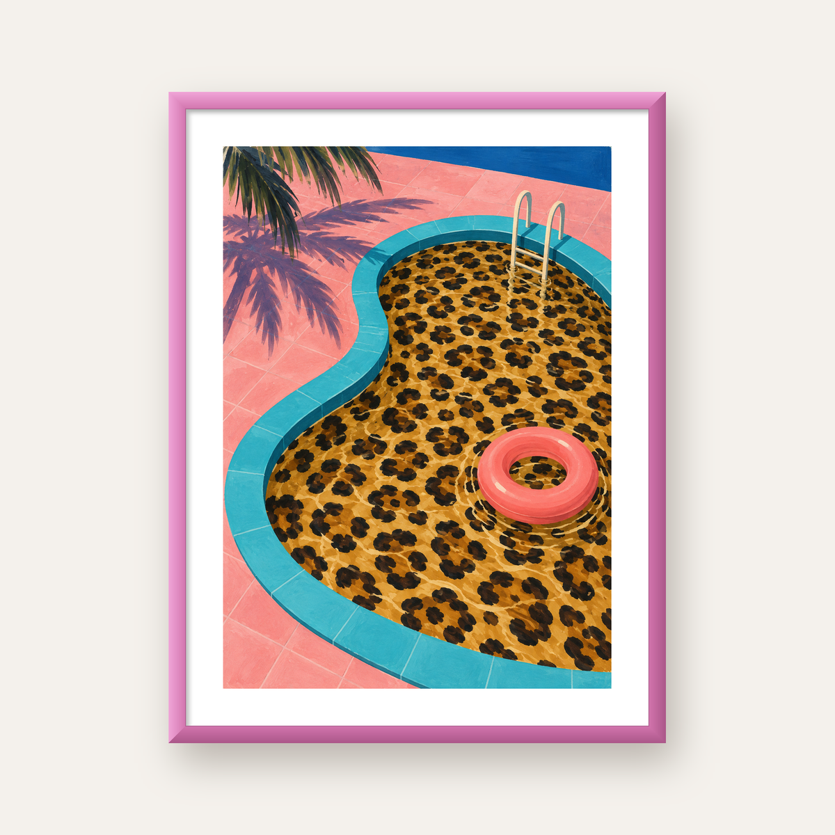 Leopar Desenli Havuz İllüstrasyonu Modern Poster — pembe çerçeveli paspartulu