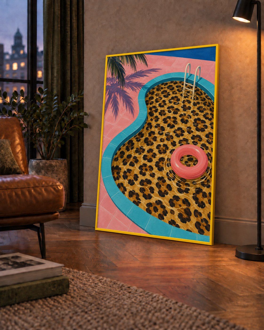 Leopar Desenli Havuz İllüstrasyonu Modern Poster — çerçeveli hâliyle bir ev duvarında