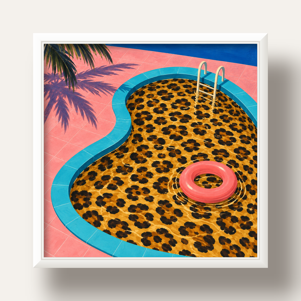 Leopar Desenli Havuz İllüstrasyonu Modern Poster — beyaz derin çerçeveli