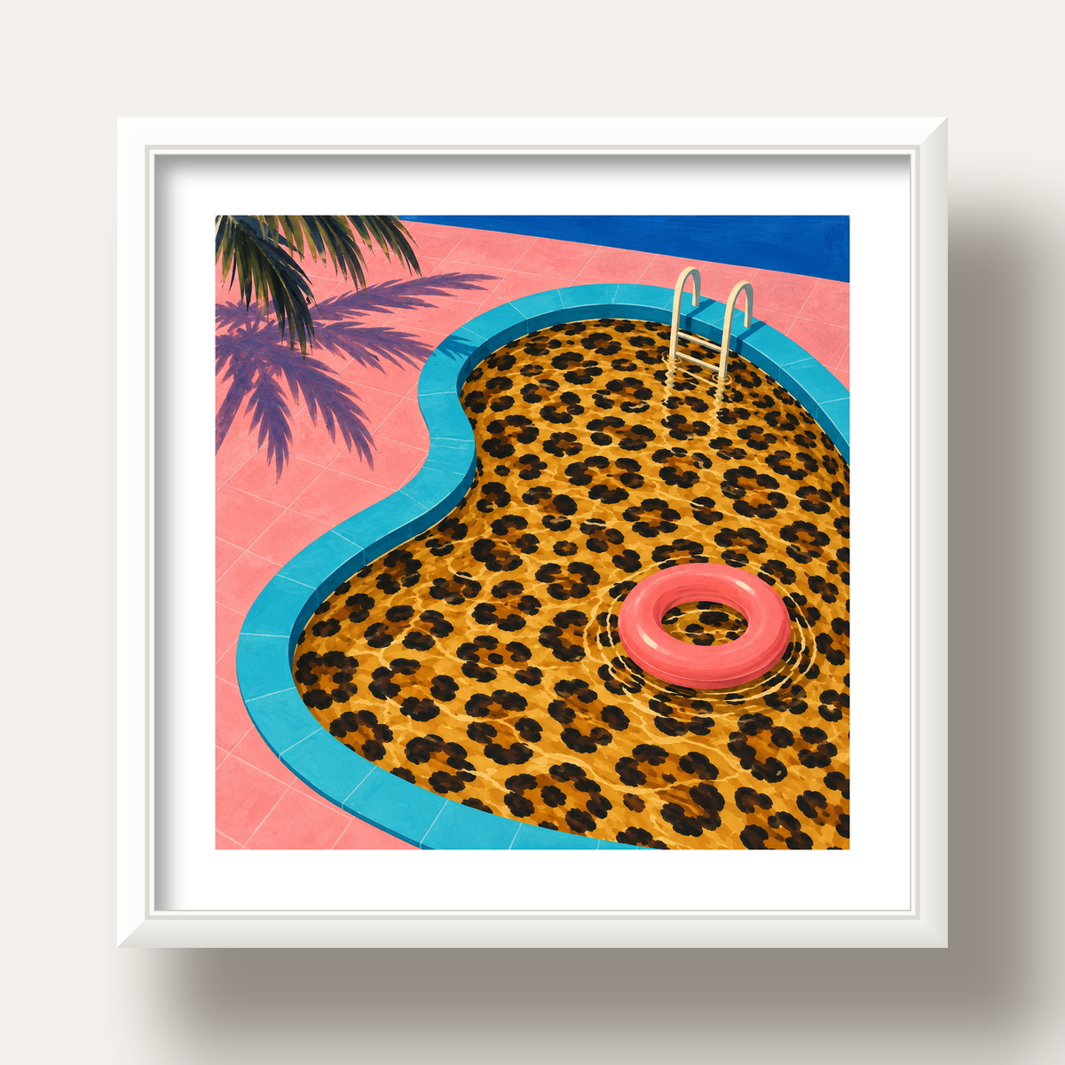 Leopar Desenli Havuz İllüstrasyonu Modern Poster — beyaz derin çerçeveli paspartulu