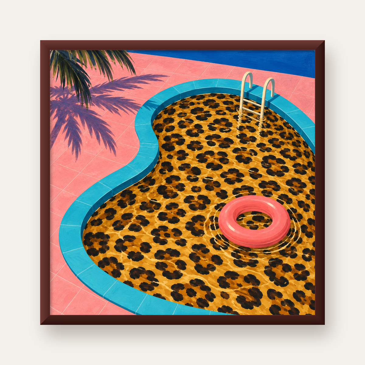 Leopar Desenli Havuz İllüstrasyonu Modern Poster — ceviz çerçeveli