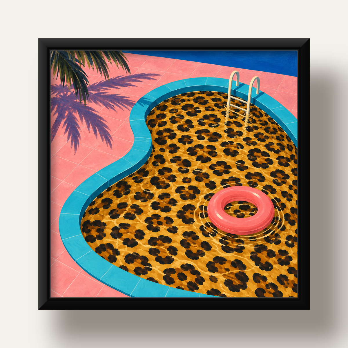 Leopar Desenli Havuz İllüstrasyonu Modern Poster — siyah derin çerçeveli