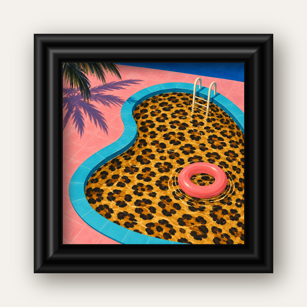 Leopar Desenli Havuz İllüstrasyonu Modern Poster — siyah galeri çerçeveli