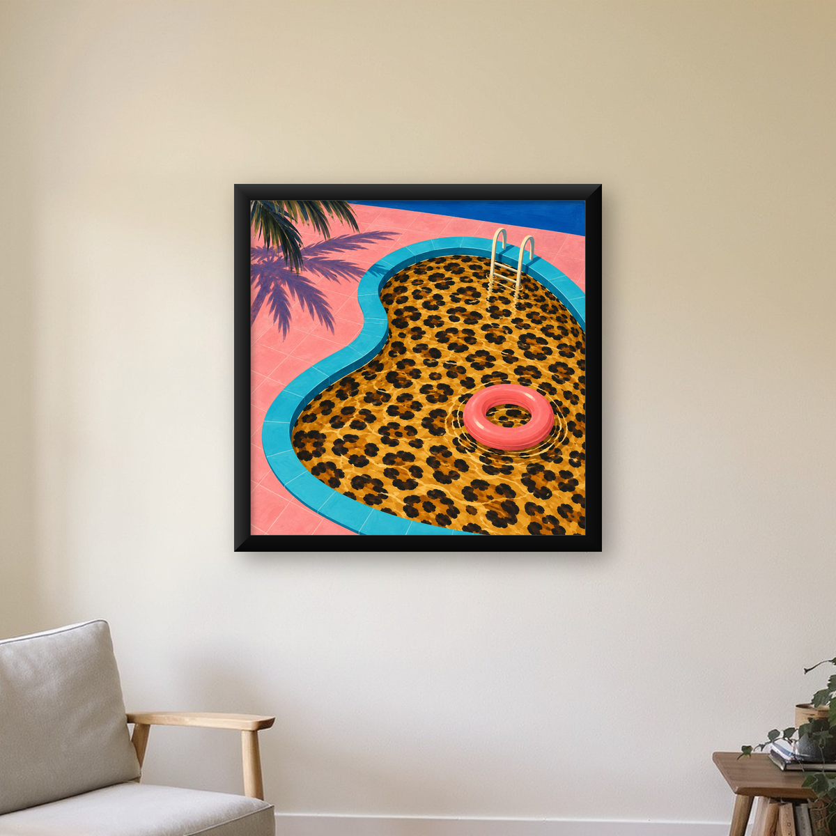 Leopar Desenli Havuz İllüstrasyonu Modern Poster — Kare baskı, çerçeveli hâliyle bir ev duvarında