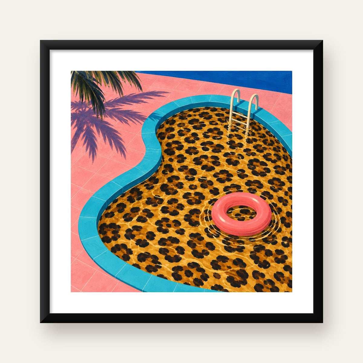 Leopar Desenli Havuz İllüstrasyonu Modern Poster — Kare baskı, beyaz paspartulu