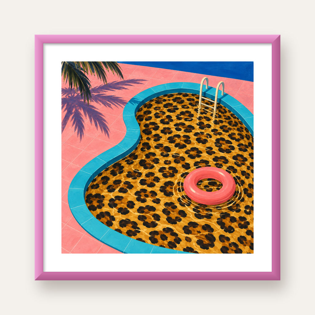 Leopar Desenli Havuz İllüstrasyonu Modern Poster — pembe çerçeveli paspartulu