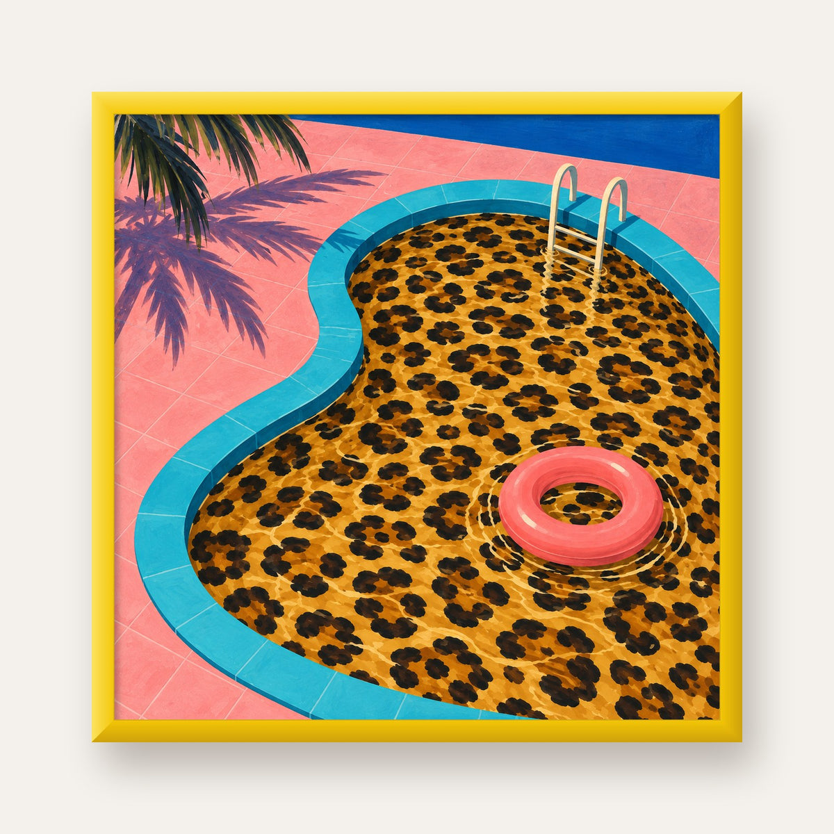 Leopar Desenli Havuz İllüstrasyonu Modern Poster — sarı çerçeveli