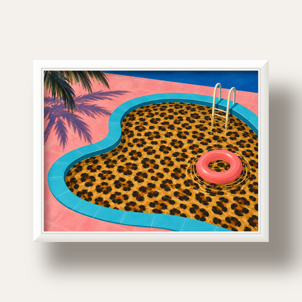 Leopar Desenli Havuz İllüstrasyonu Modern Poster — beyaz derin çerçeveli