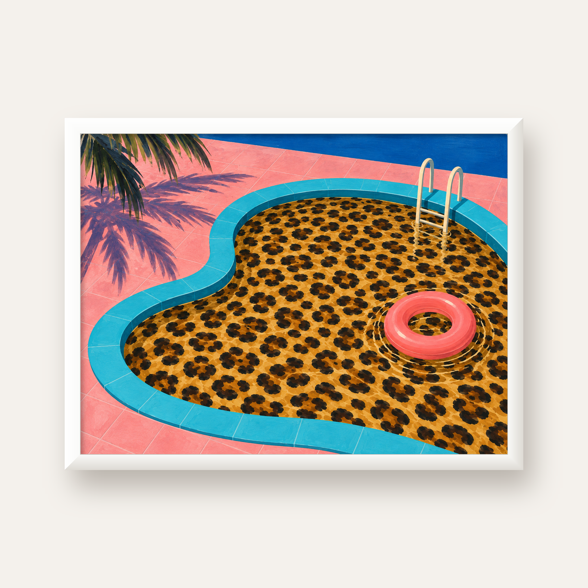 Leopar Desenli Havuz İllüstrasyonu Modern Poster — beyaz çerçeveli yatay poster