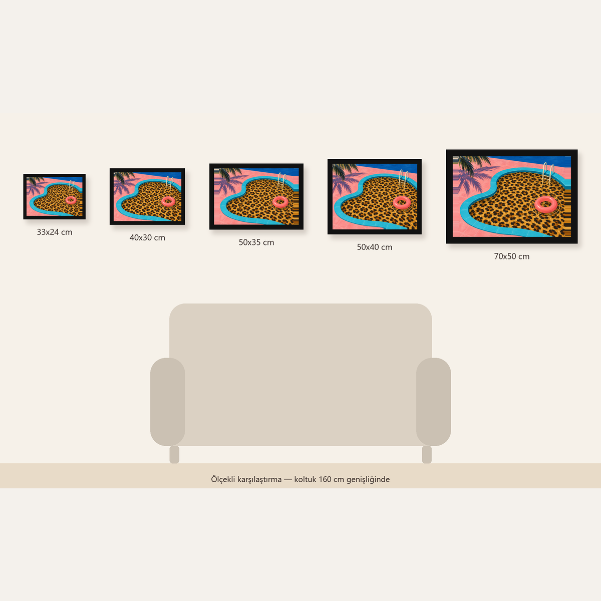 Leopar Desenli Havuz İllüstrasyonu Modern Poster — Yatay ölçülerinin karşılaştırması