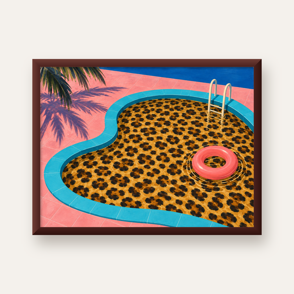 Leopar Desenli Havuz İllüstrasyonu Modern Poster — ceviz çerçeveli