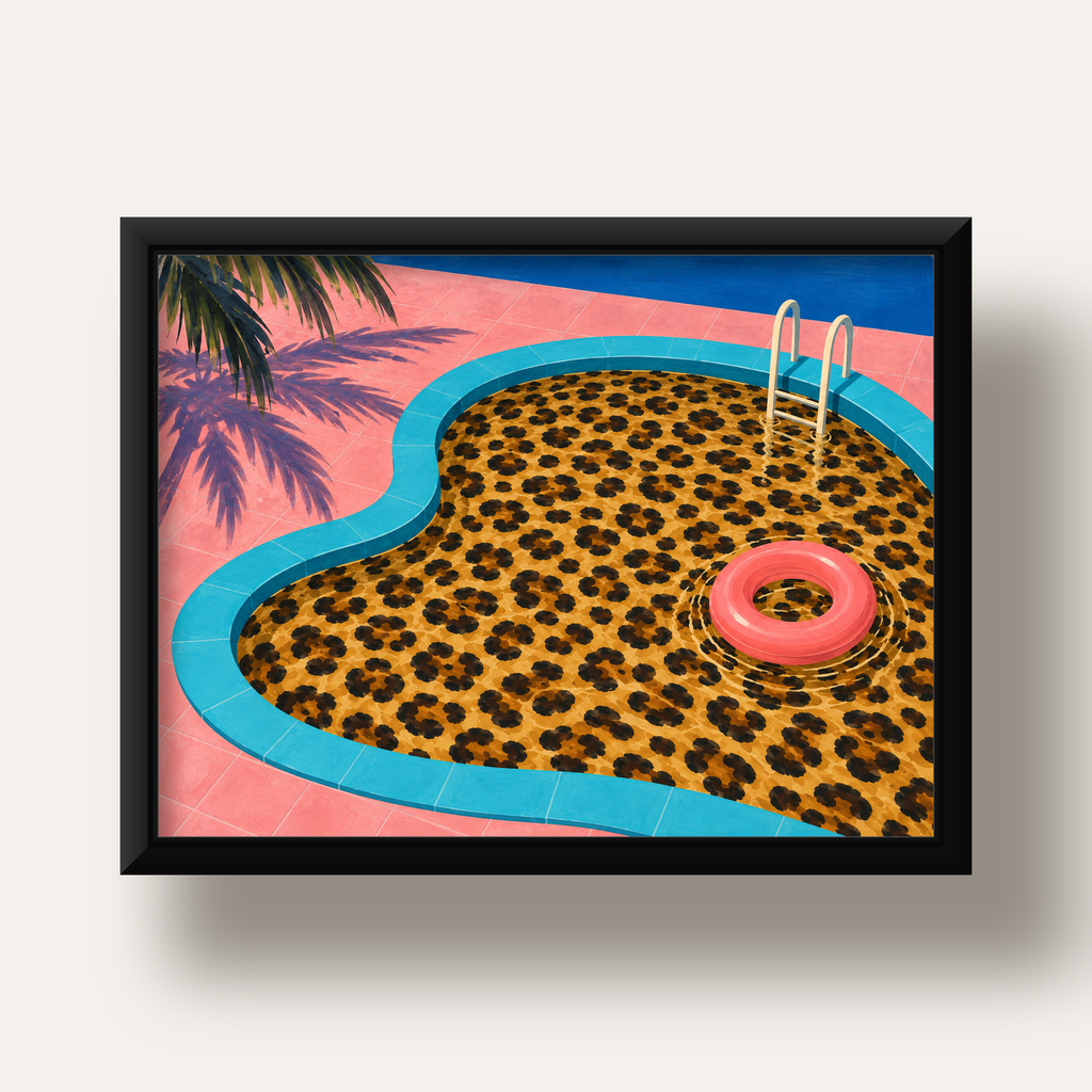 Leopar Desenli Havuz İllüstrasyonu Modern Poster — siyah derin çerçeveli