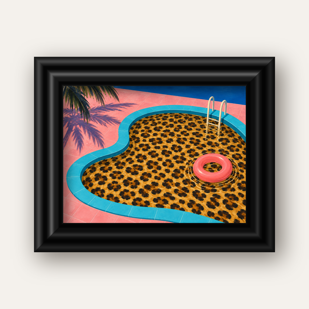 Leopar Desenli Havuz İllüstrasyonu Modern Poster — siyah galeri çerçeveli