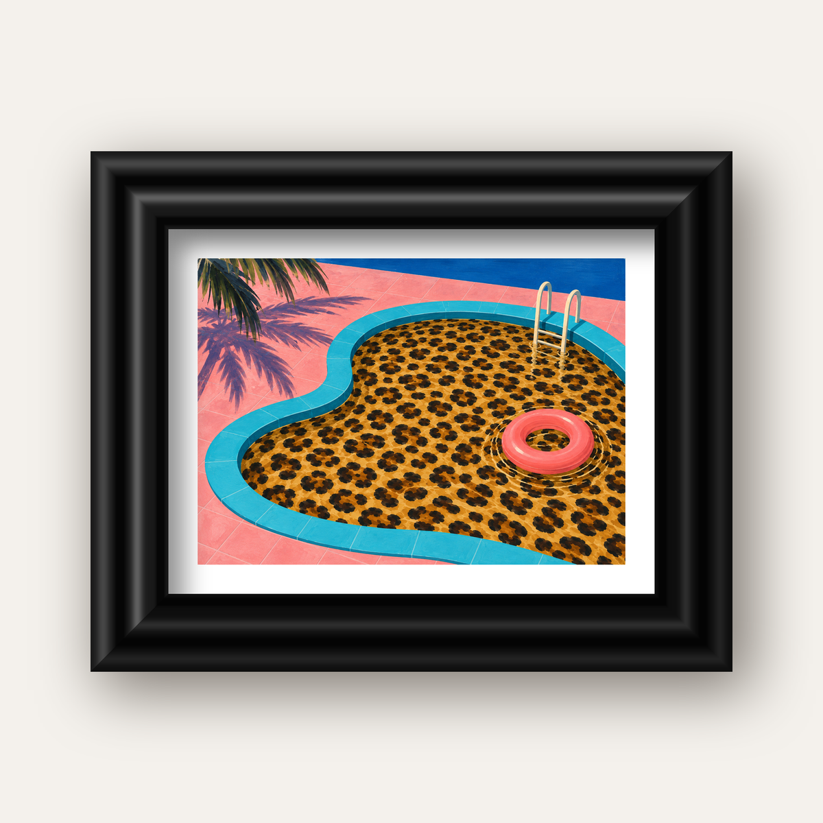 Leopar Desenli Havuz İllüstrasyonu Modern Poster — siyah galeri çerçeveli paspartulu