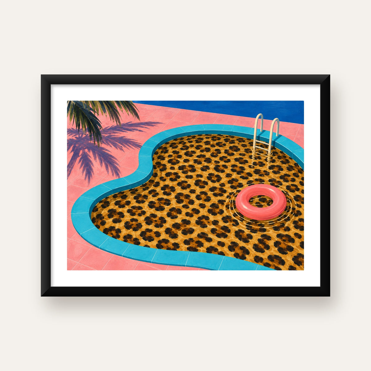 Leopar Desenli Havuz İllüstrasyonu Modern Poster — Yatay baskı, beyaz paspartulu