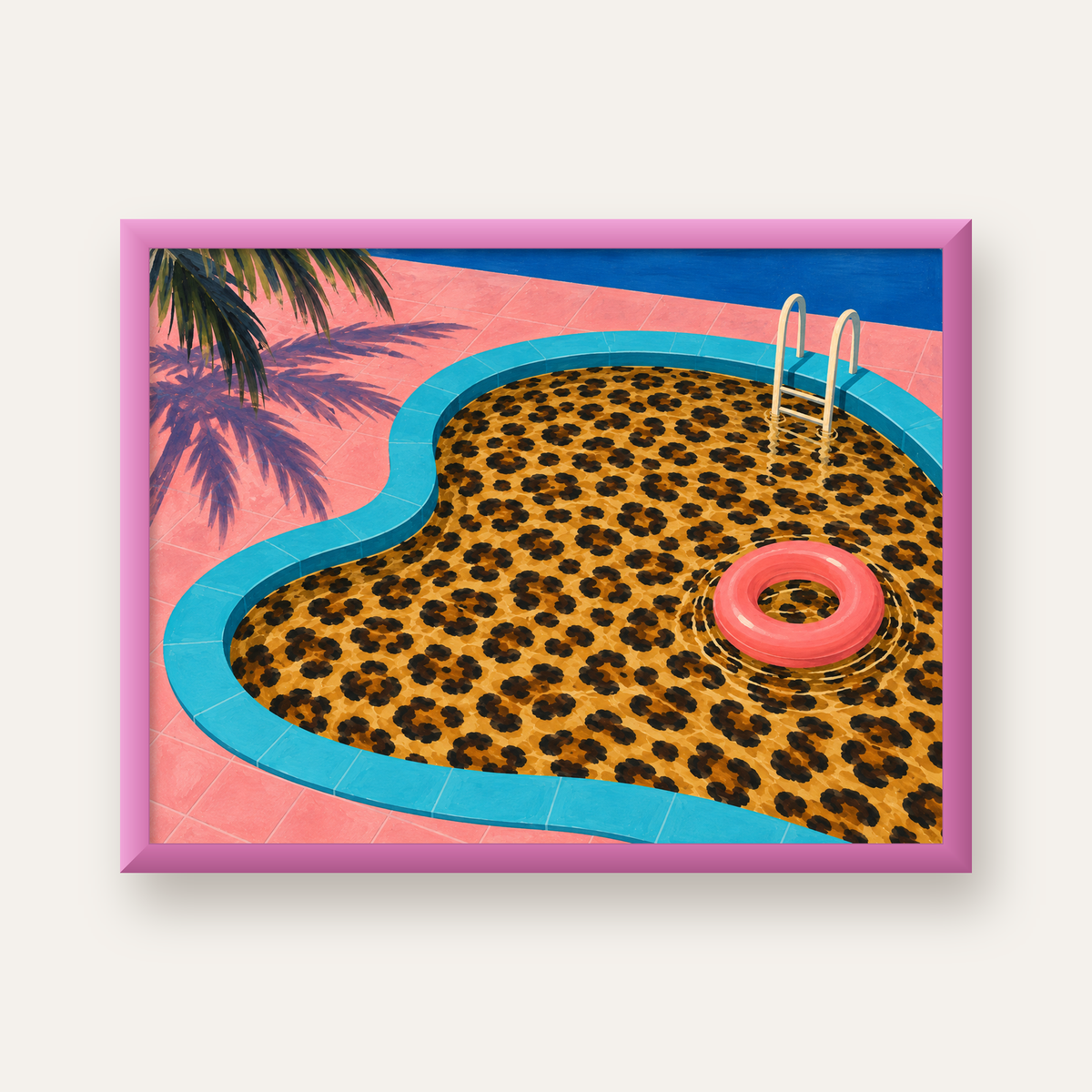 Leopar Desenli Havuz İllüstrasyonu Modern Poster — pembe çerçeveli