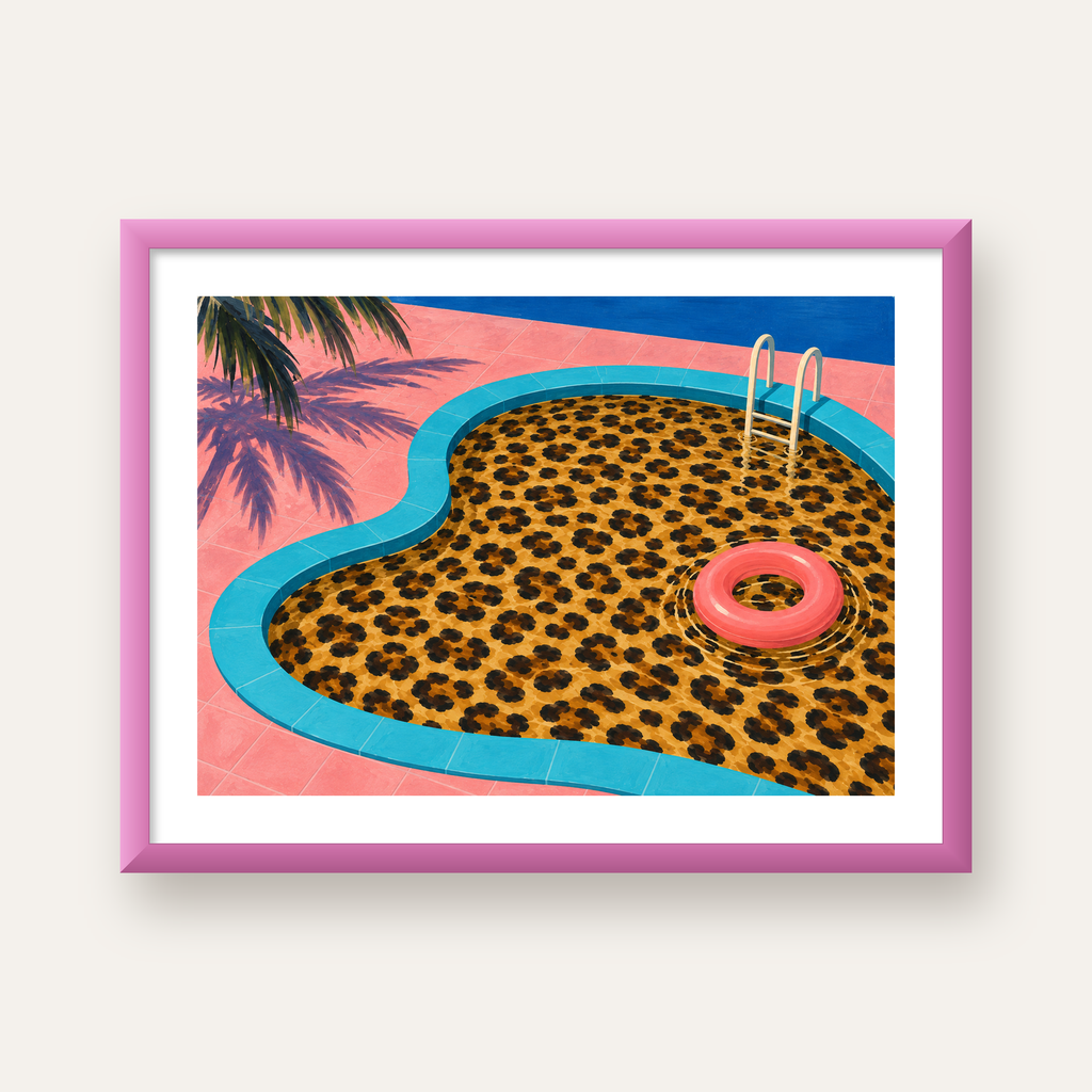 Leopar Desenli Havuz İllüstrasyonu Modern Poster — pembe çerçeveli paspartulu