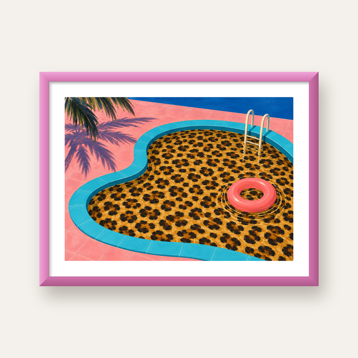 Leopar Desenli Havuz İllüstrasyonu Modern Poster — pembe çerçeveli paspartulu