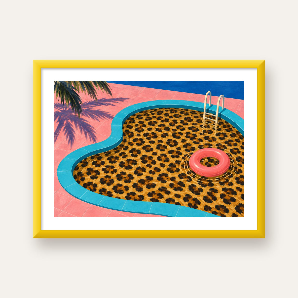Leopar Desenli Havuz İllüstrasyonu Modern Poster — sarı çerçeveli paspartulu