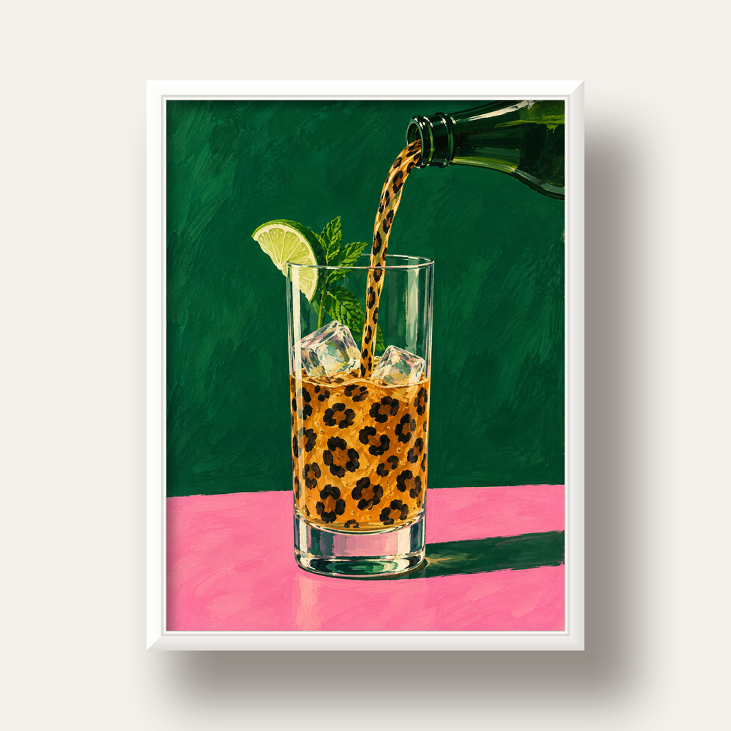Leopar Desenli Limonlu İçecek Poster – Canlı Akrilik Sanat — beyaz derin çerçeveli