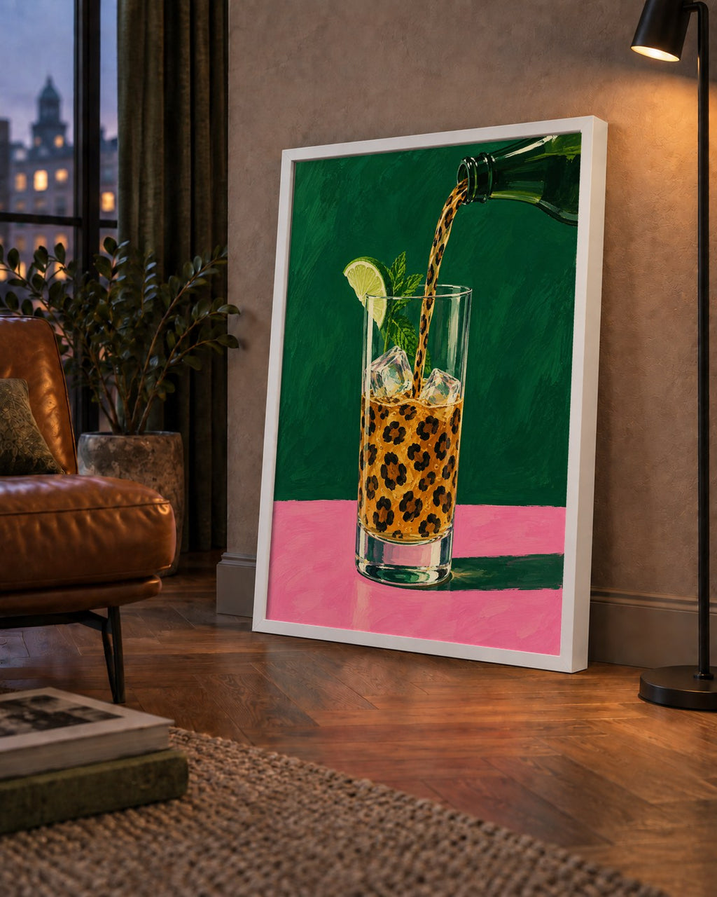 Leopar Desenli Limonlu İçecek Poster – Canlı Akrilik Sanat — çerçeveli hâliyle bir ev duvarında