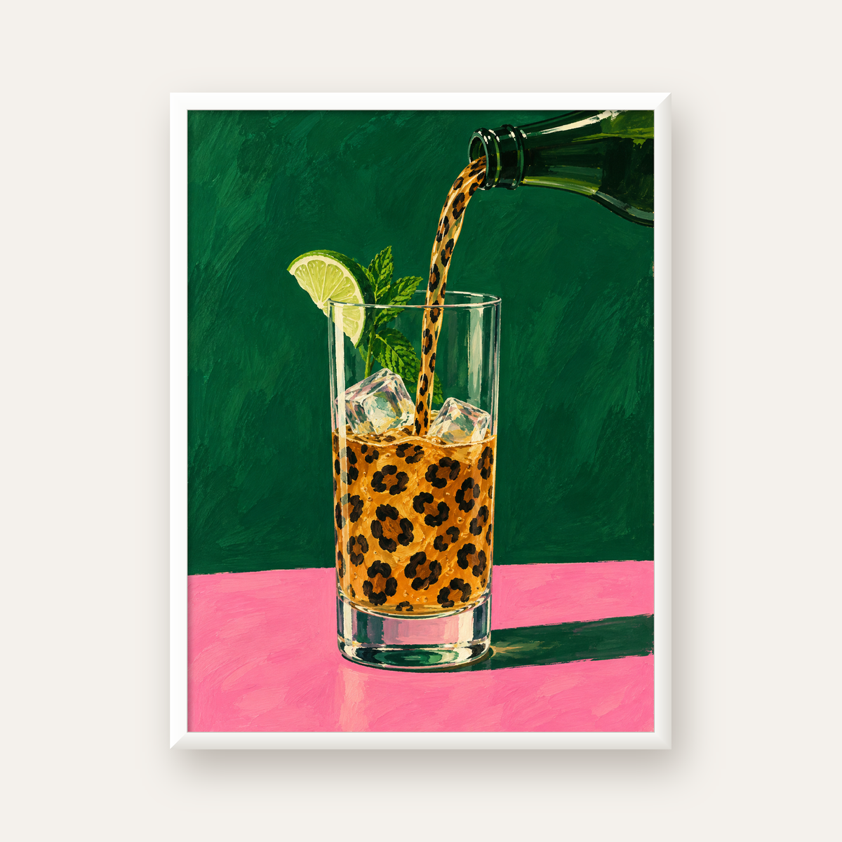 Leopar Desenli Limonlu İçecek Poster – Canlı Akrilik Sanat — beyaz çerçeveli dikey poster