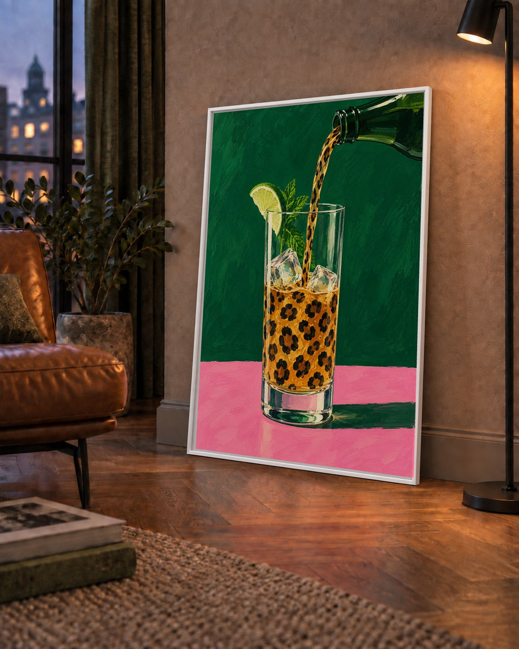 Leopar Desenli Limonlu İçecek Poster – Canlı Akrilik Sanat — çerçeveli hâliyle bir ev duvarında