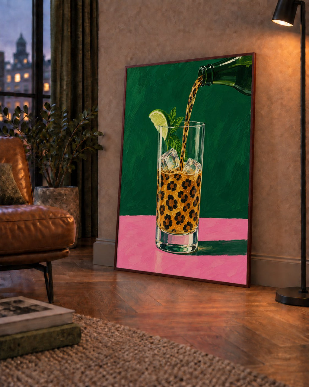 Leopar Desenli Limonlu İçecek Poster – Canlı Akrilik Sanat — çerçeveli hâliyle bir ev duvarında